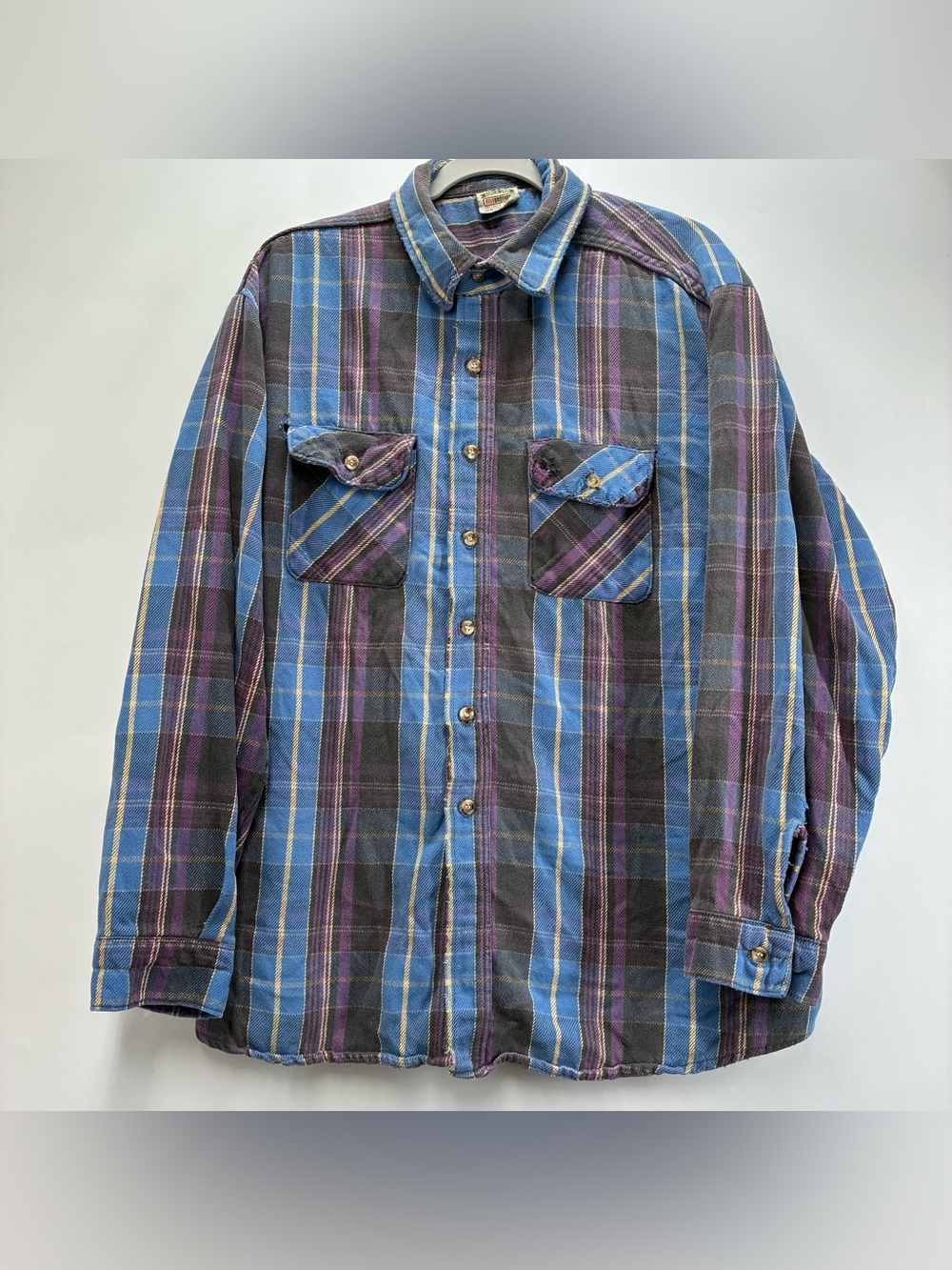 VTG Five Brother Shirt Mens 2XL Shadow Plaid Flannel USA 1980s 80s Blue Black
